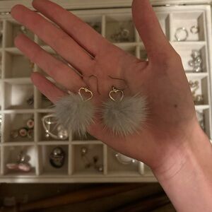 Elegant Gray Heart Pom-Pom Earrings